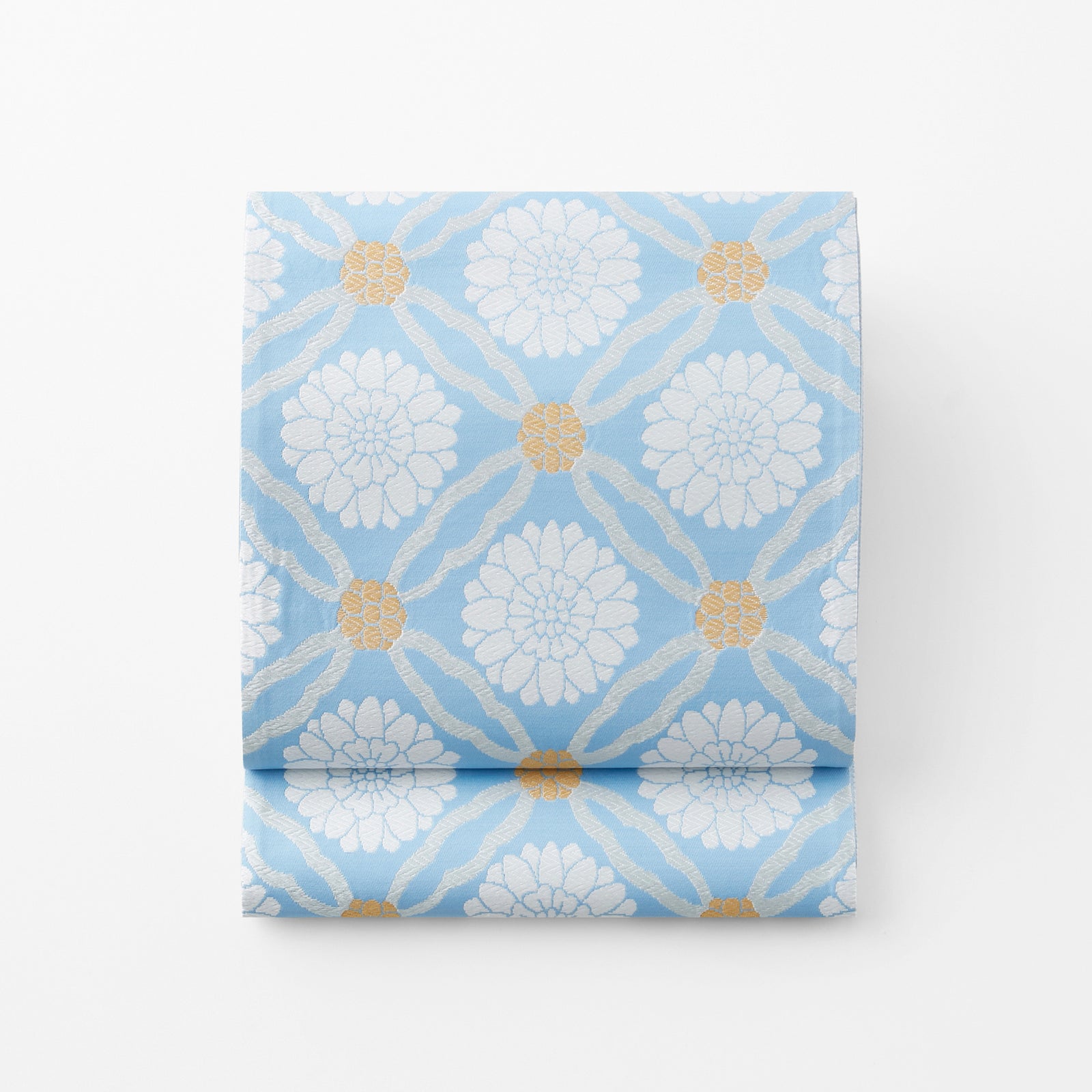 瑠璃 るり 七宝文 菊花 水色 淡黄色 青 袋帯 西陣織 – ROKUMONJIYA