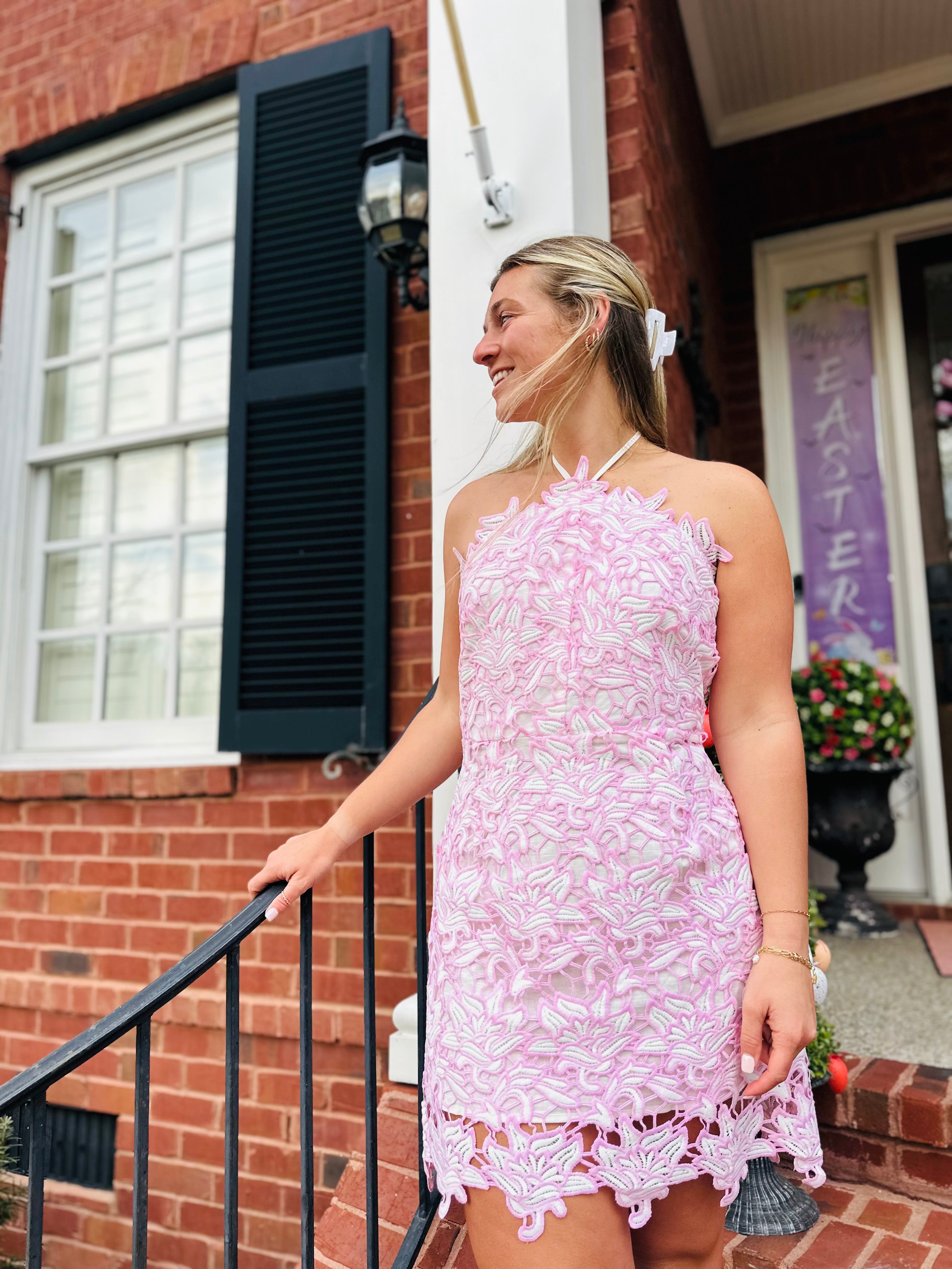 White & Pink Lace Mini Dress – Rolaine Boutique