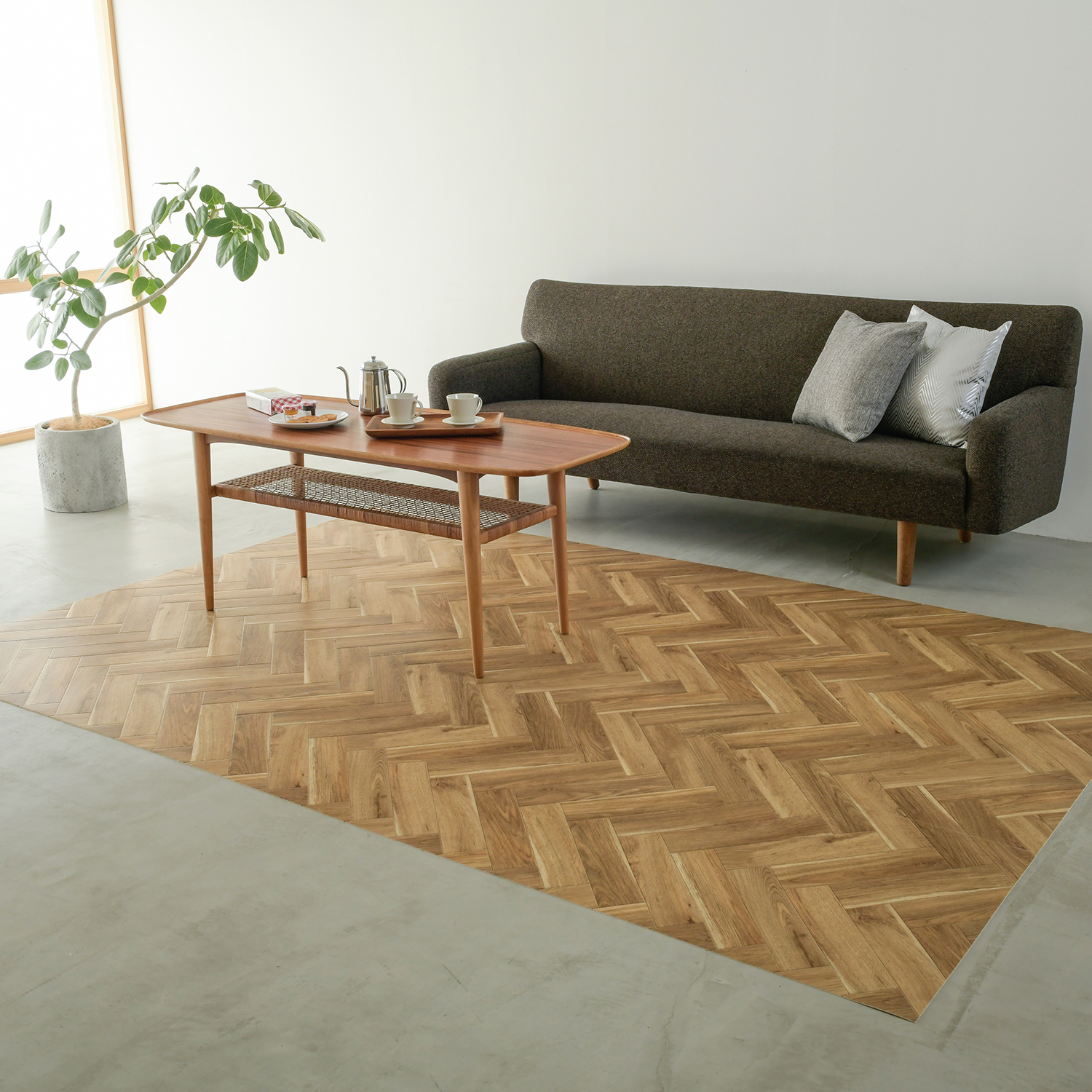 ヘリンボーン 拭けるラグ オーク 184cm幅(92cm×2本) | ラグリエ