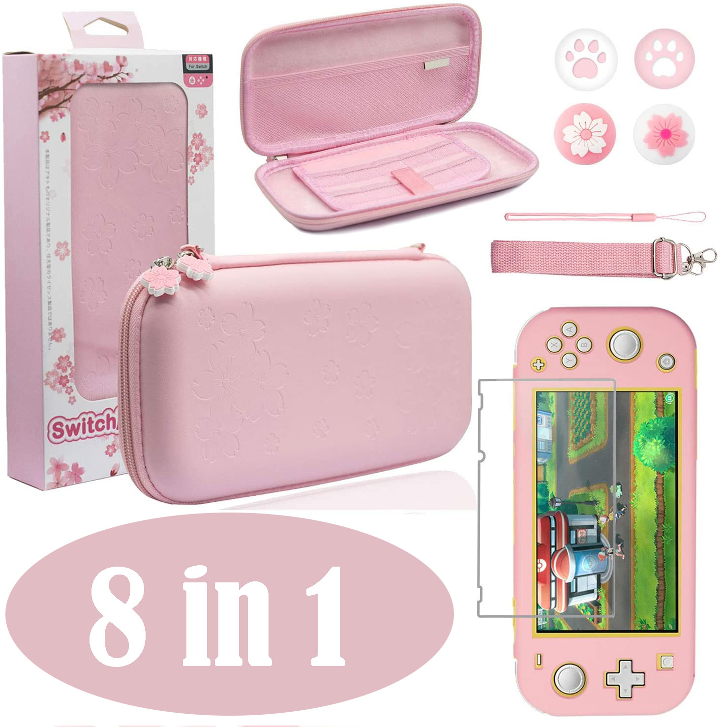 Pink Nintendo Switch Accessories - 8 in 1 Kit for Switch Lite