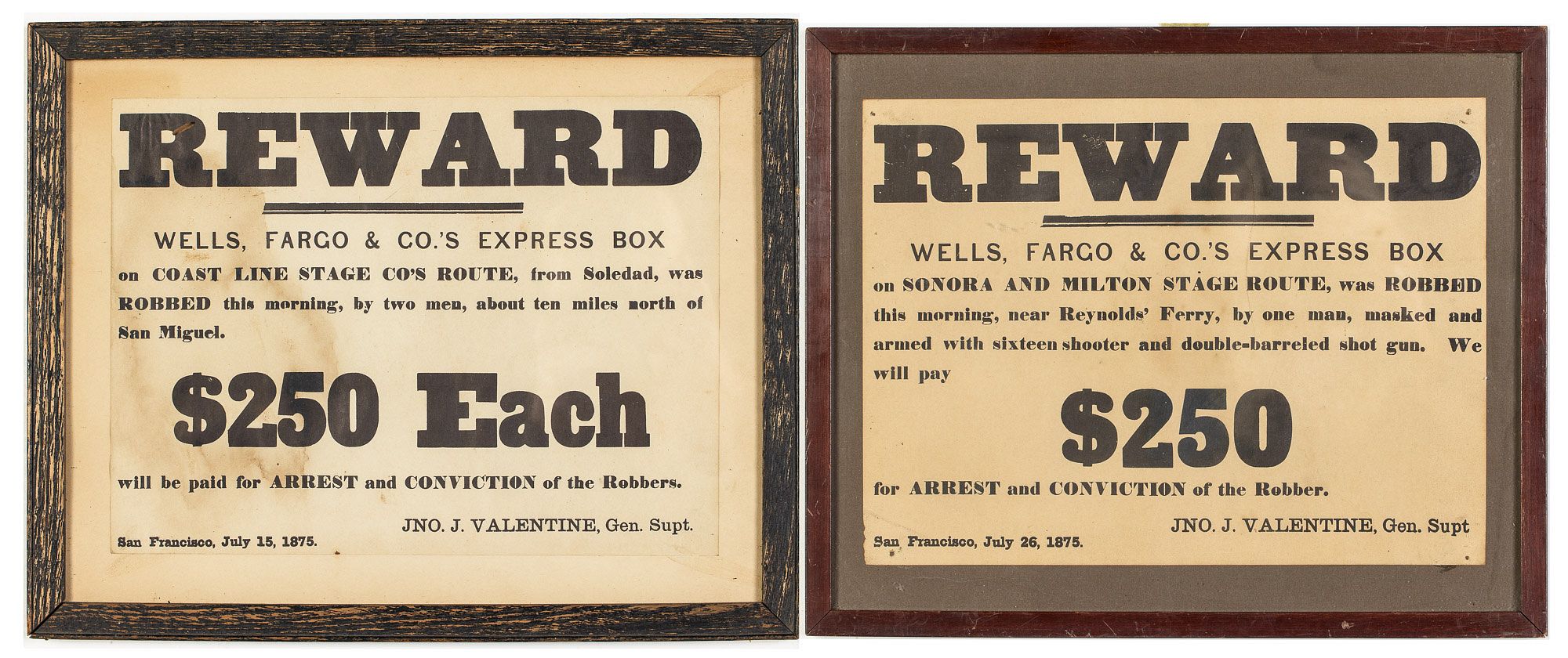 2 Wells Fargo Stage Coach Robbery Award Posters 1875 sold at