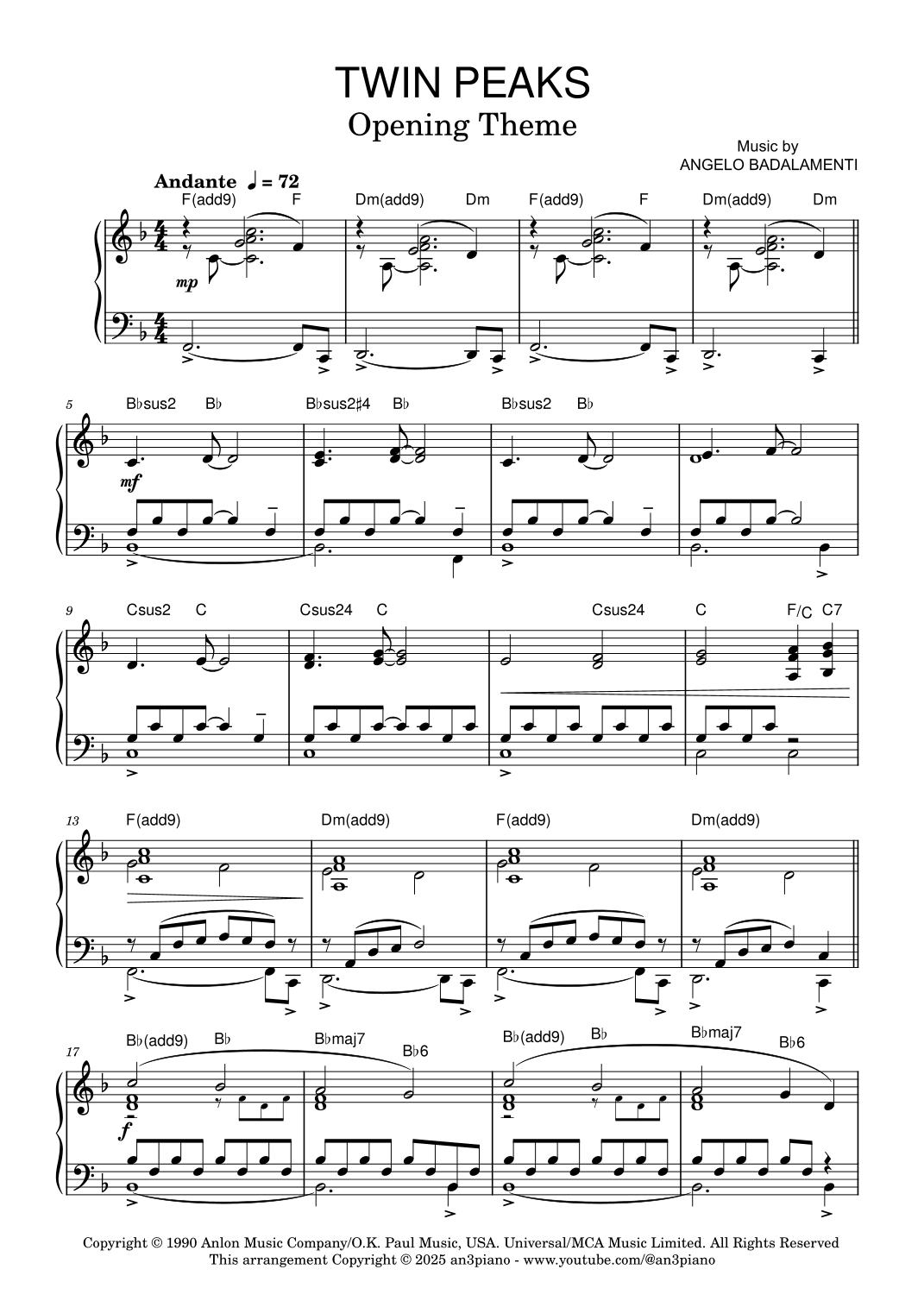 Twin Peaks Theme (arr. an3piano) by Angelo Badalamenti Sheet Music