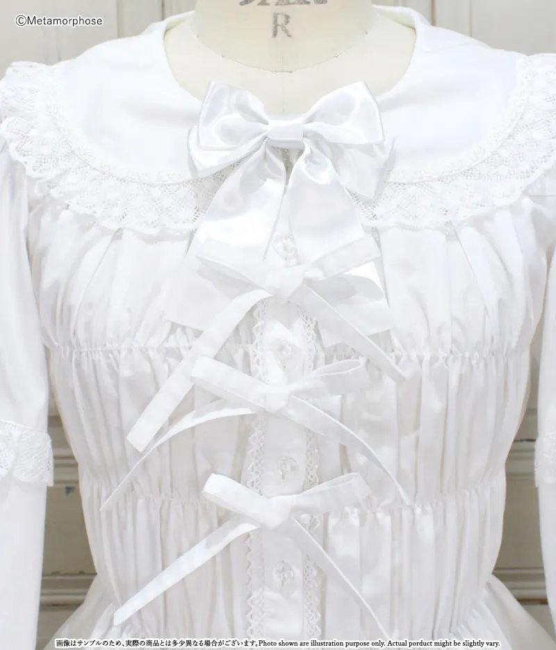 プラスサイズ】レース切替丸襟シャーリングブラウス - ブラウス