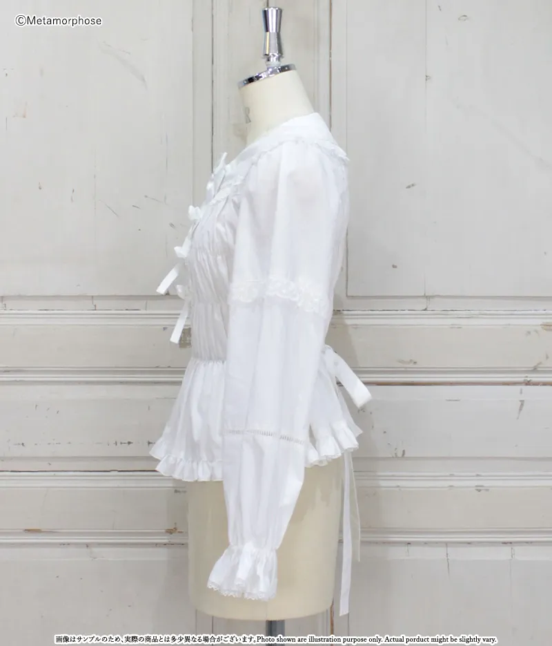 プラスサイズ】レース切替丸襟シャーリングブラウス - ブラウス