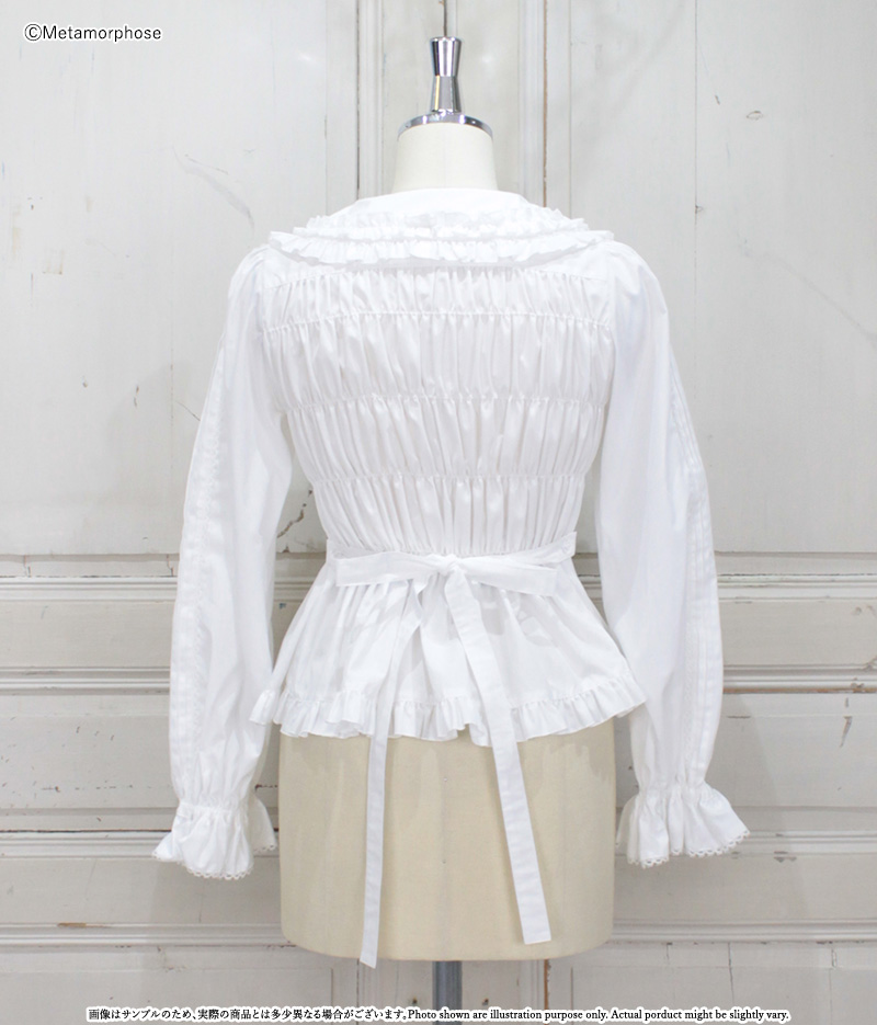 丸襟シャーリング長袖ブラウス - ブラウス、カットソー、カーディガン