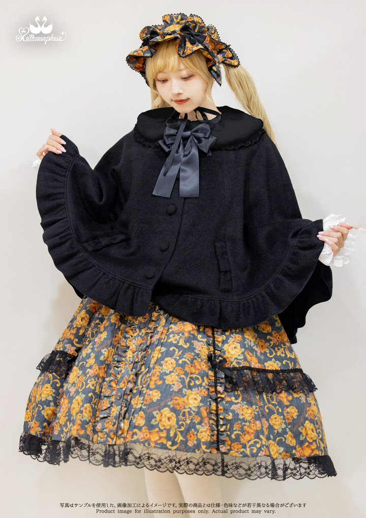 No.907ファー襟付きフリルリボンマント / 黒×黒襟(Black/Black