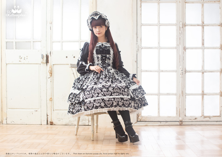 No.784 ハートダマスクフリルジャンパースカート 黒(Black