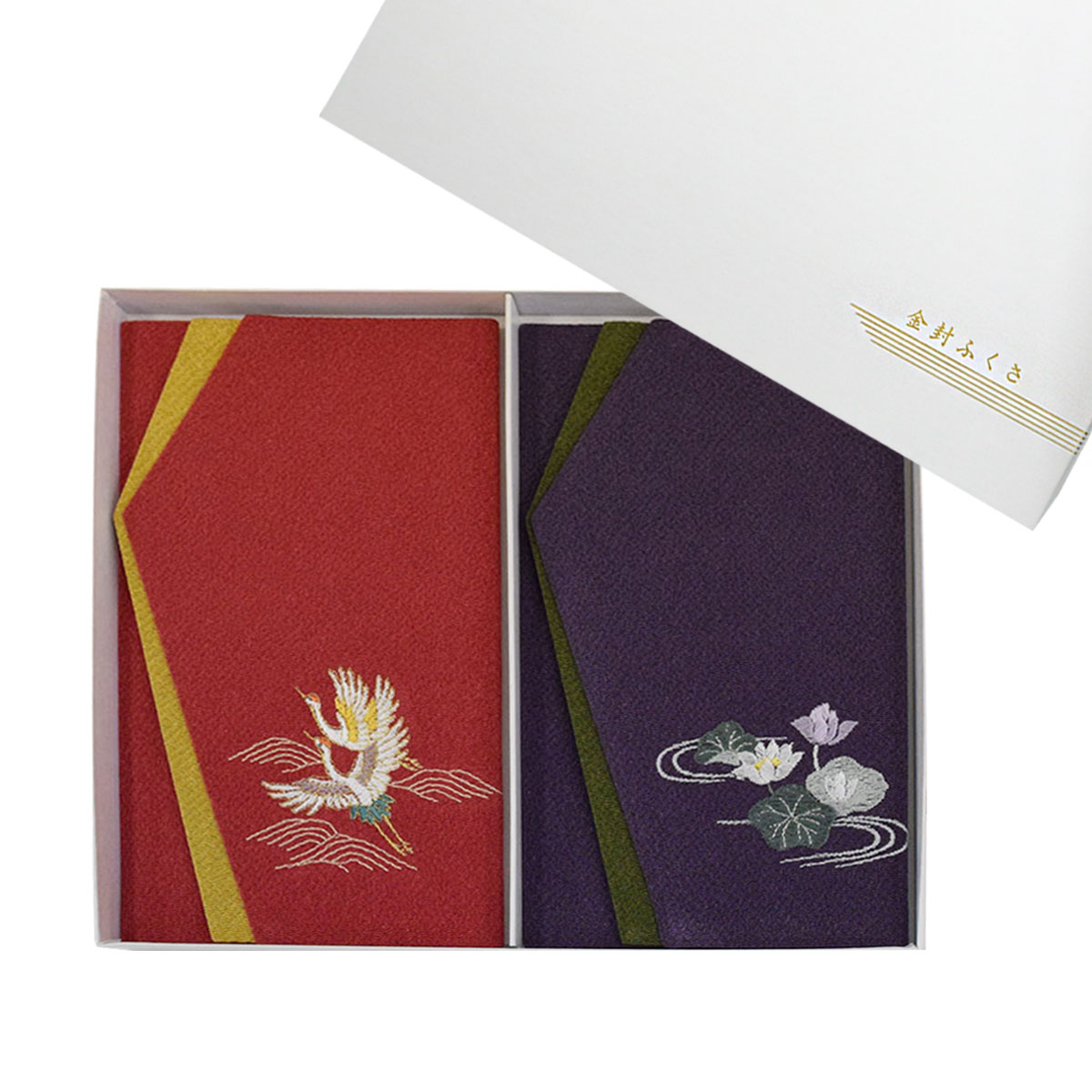 丹後ちりめん 刺繍のぞきふくさセット 二羽鶴×蓮 | 記念品名入れ工房