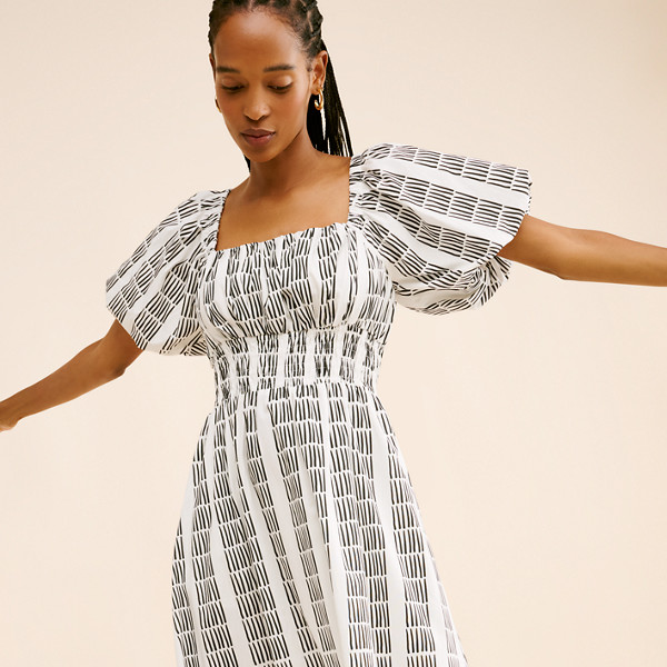 Puff-Sleeve Square-Neck Smocked Midi Dress | Nuuly