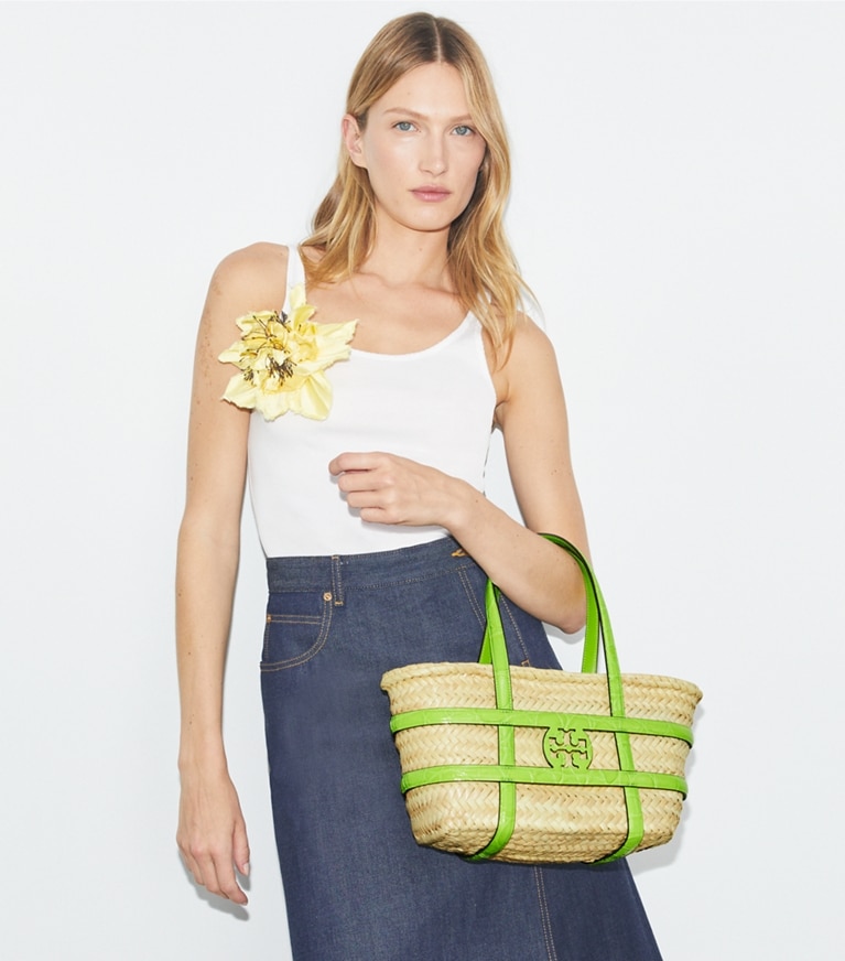 Small Ella Croc-Embossed Straw Basket: Women's Designer Tote Bags
