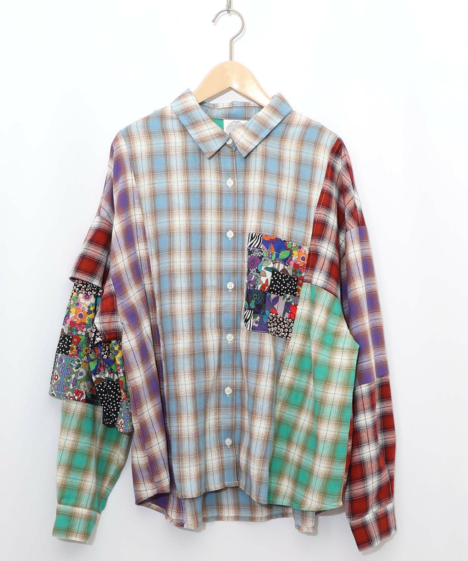 153687：チェックと総柄のアシメパッチワークシャツの通販-ScoLar