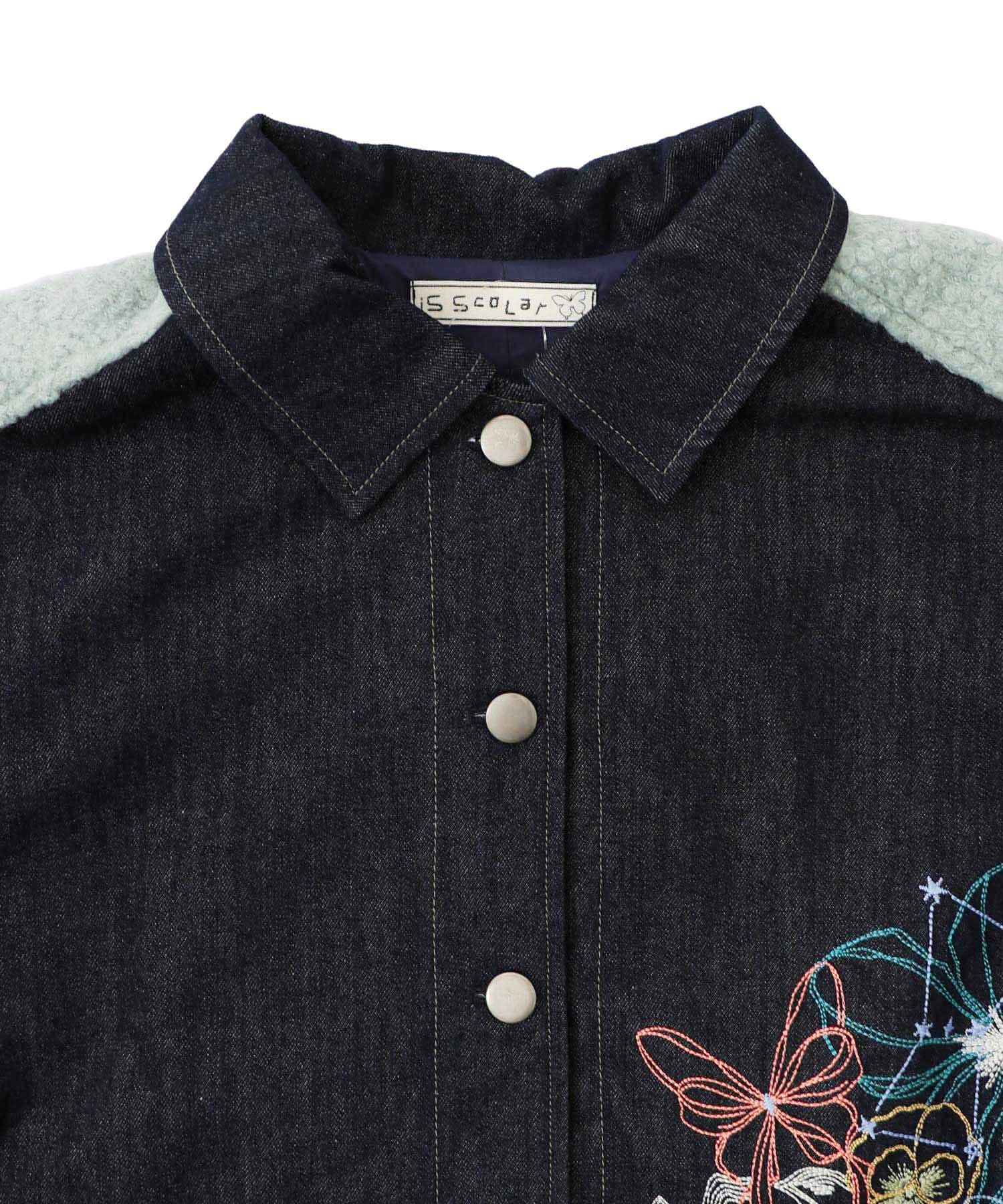 553250：花蝶刺繍デニム×プードルボア 切替ジャケットの通販-ScoLar