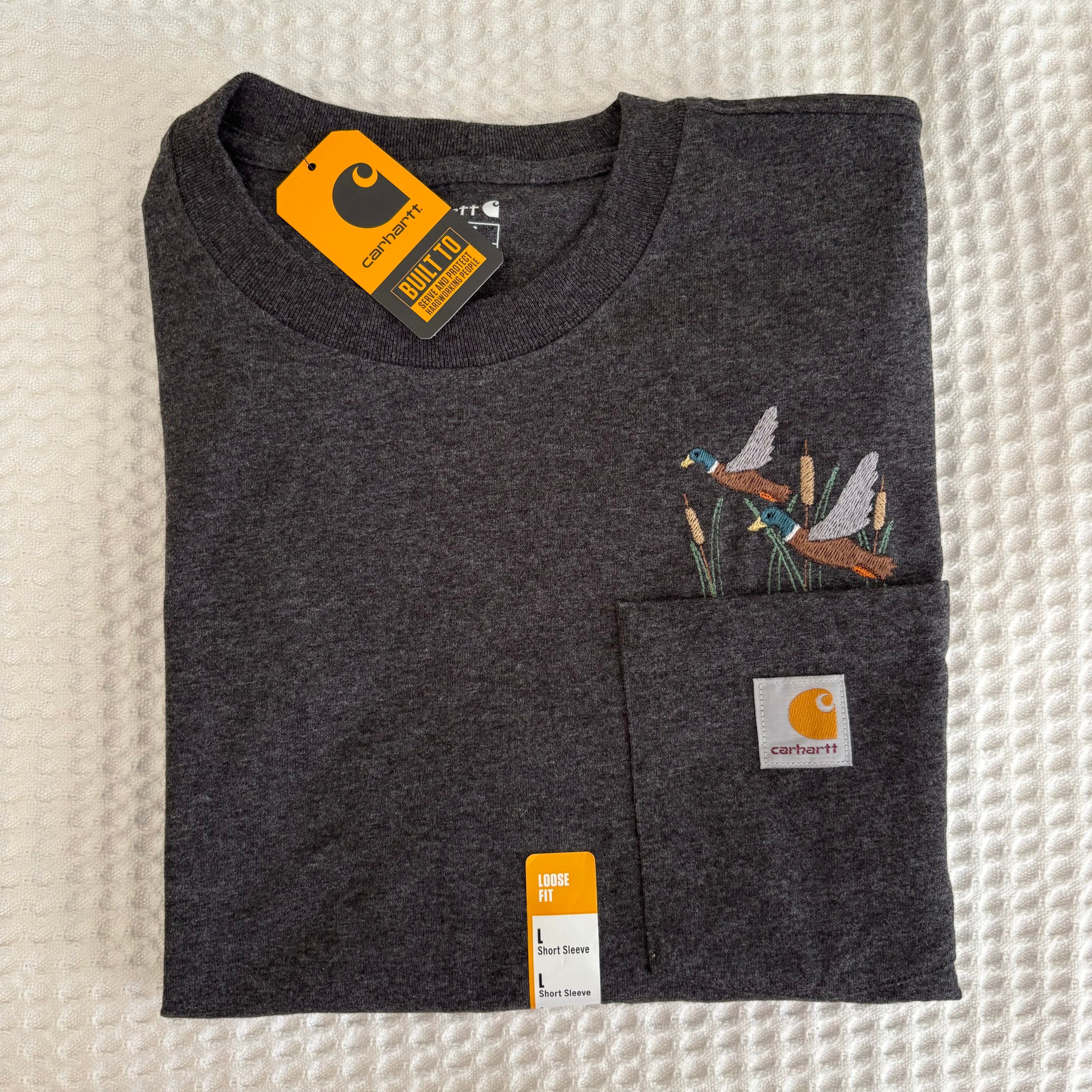 Carhartt Mallard Ducks Embroidered Charcoal Grey Pocket Tee
