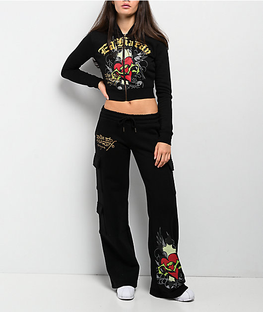 Ed Hardy Sacred Heart Black Crop Zip Hoodie | Zumiez