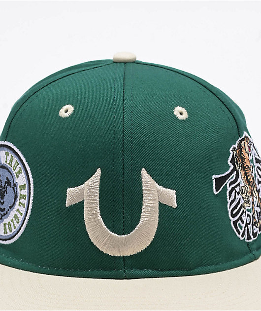 True Religion Embroidered Multi Logo Dark Jade Green Snapback Hat