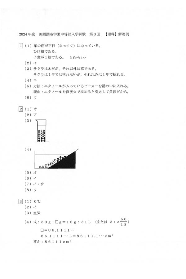 2024年度入試過去問題 第3回（理科 解答）（1ページ目）｜田園調布学園