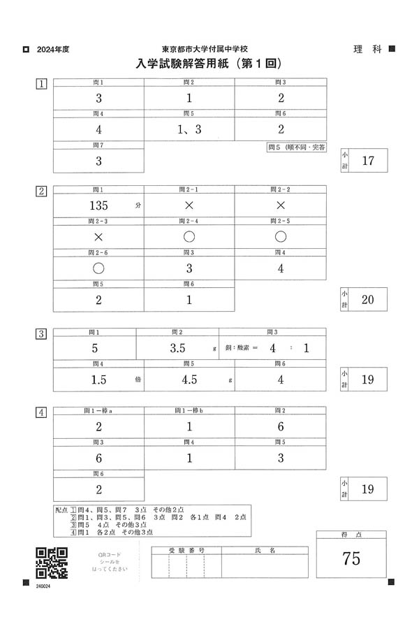 2024年度入試過去問題 第1回（理科 解答）（1ページ目）｜東京都市
