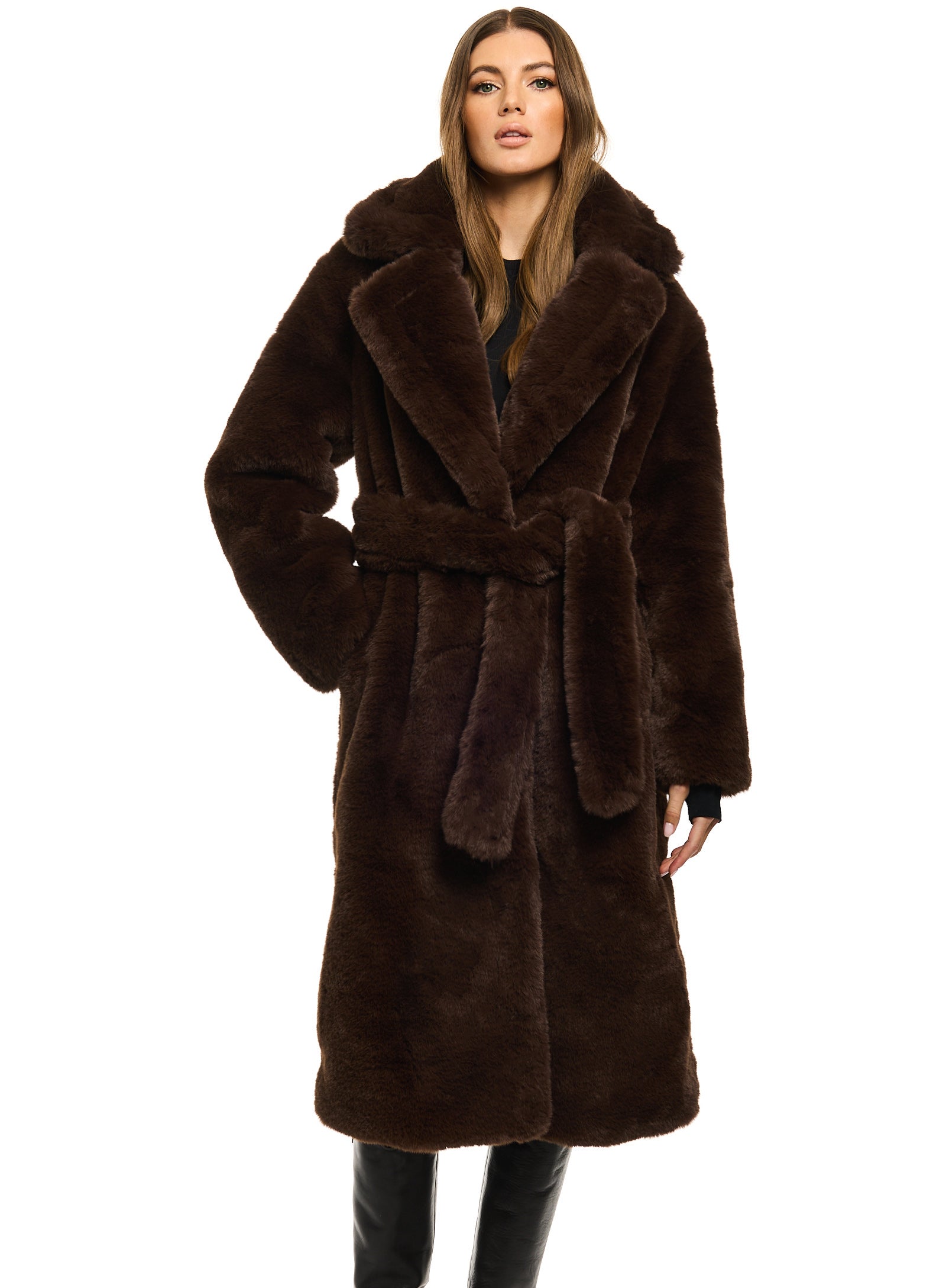 SAM new york womens MADDOX long belted faux fur coat in brown | SAM.
