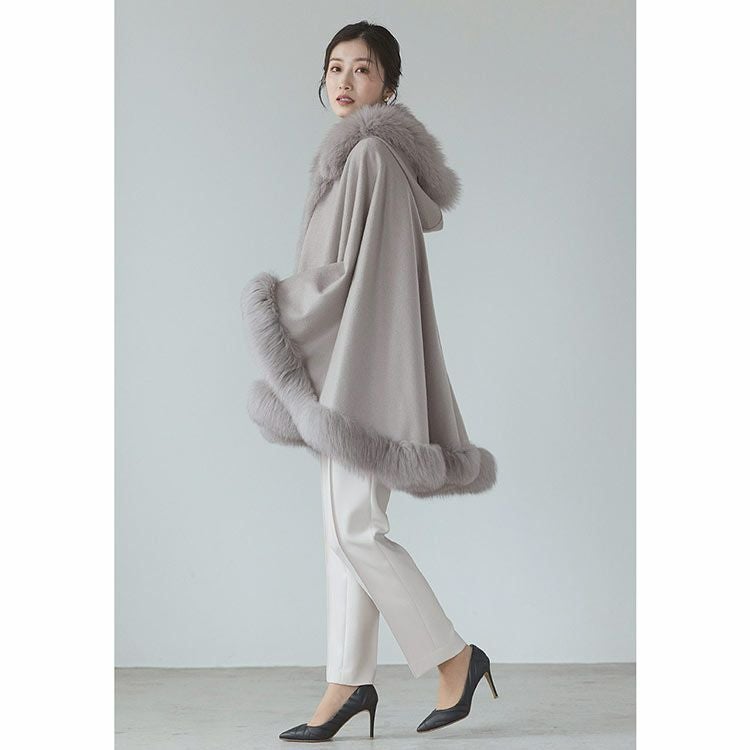 カシミヤ ケープ レディース マント フォックスファー カシミヤ100