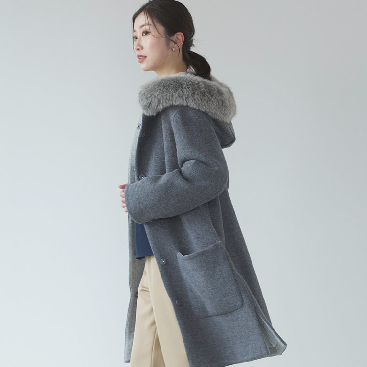 日本製 ロングコート タスマニアリバーウール フォックスファーフード