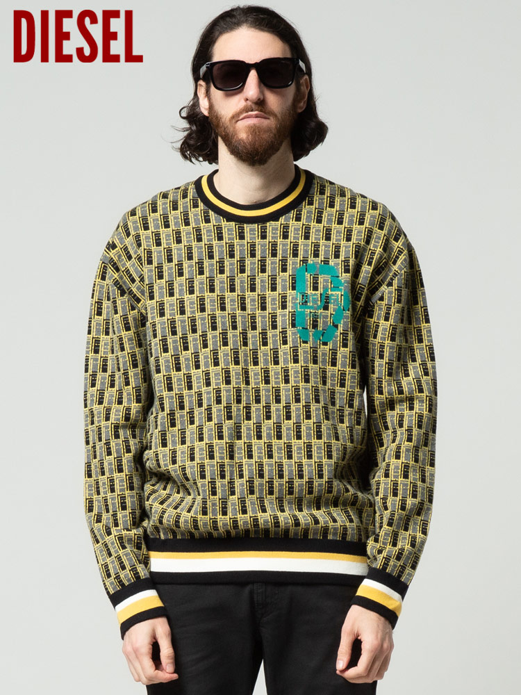 DIESEL ディーゼル メンズ ニット 総柄 プリント ライン クルーネック