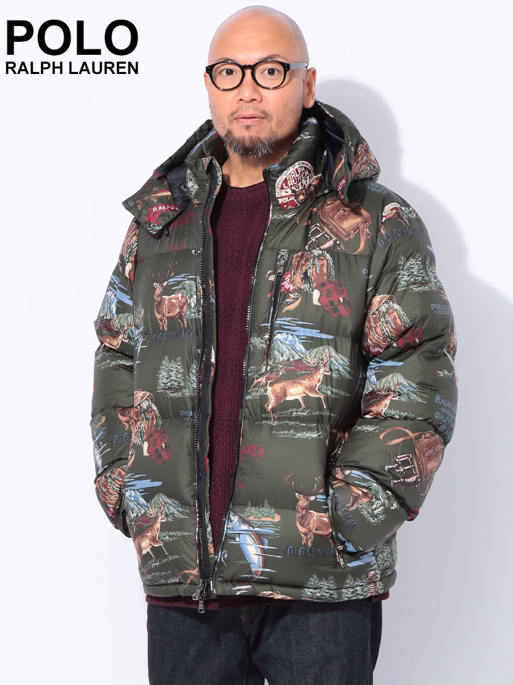 ダウンジャケット フード着脱 総柄プリント フルジップ アウター 防寒