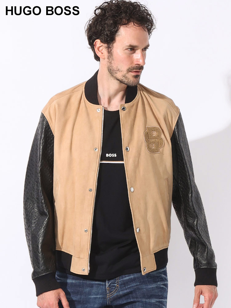 HUGO BOSS (ヒューゴボス) レザー スエード モノグラムロゴ ジッパー