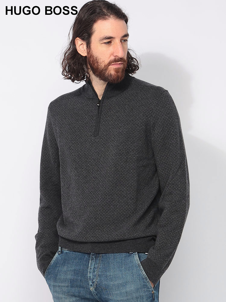 HUGO BOSS (ヒューゴボス) ウール混 モックネック ハーフジップ ニット