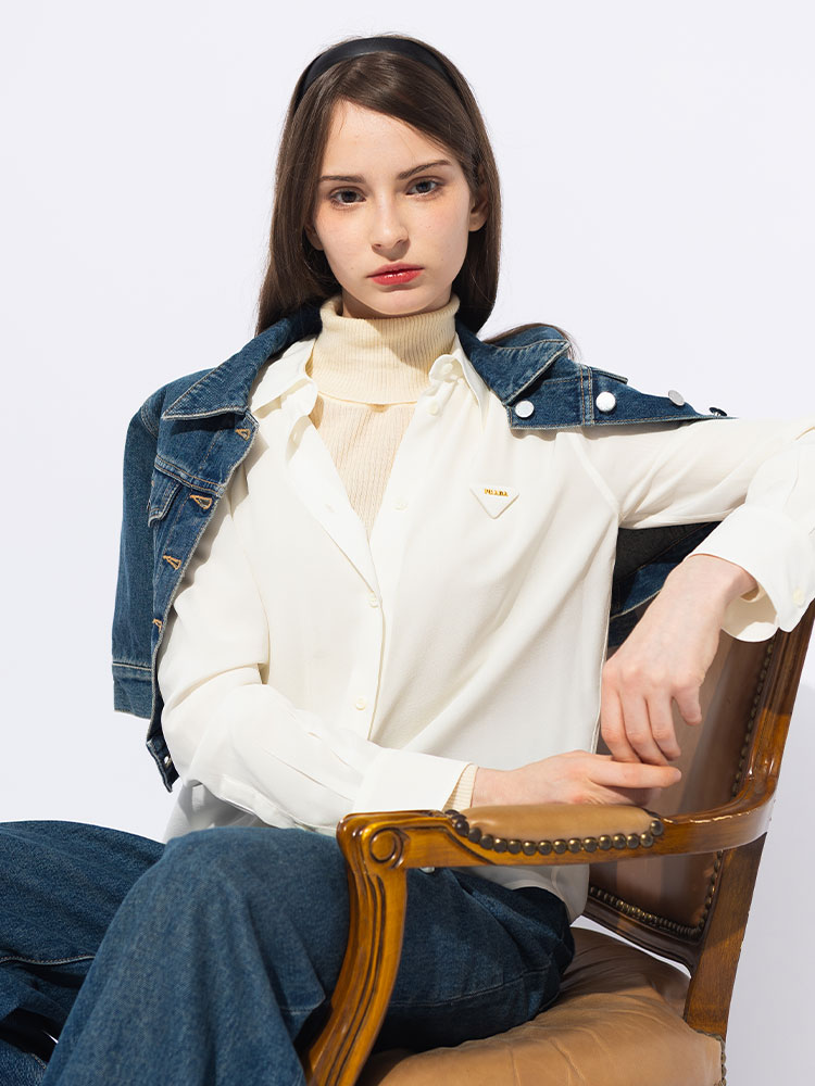 PRADA (プラダ) シルク 立体ロゴ 長袖 シアーシャツ PRLP473F14KG