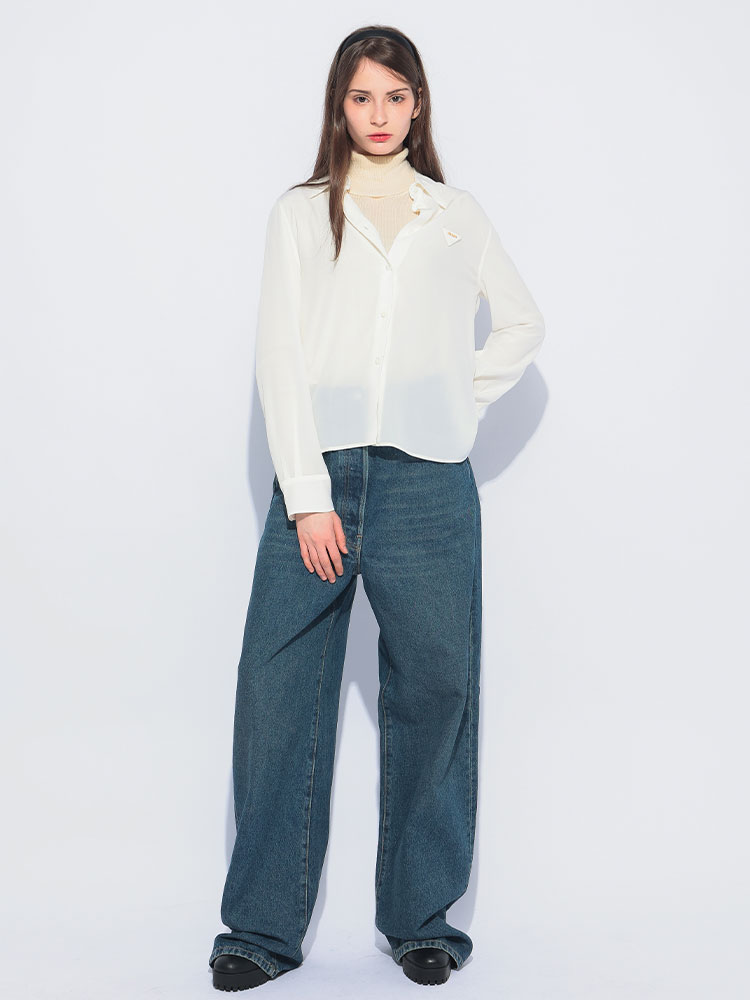 PRADA (プラダ) シルク 立体ロゴ 長袖 シアーシャツ PRLP473F14KG