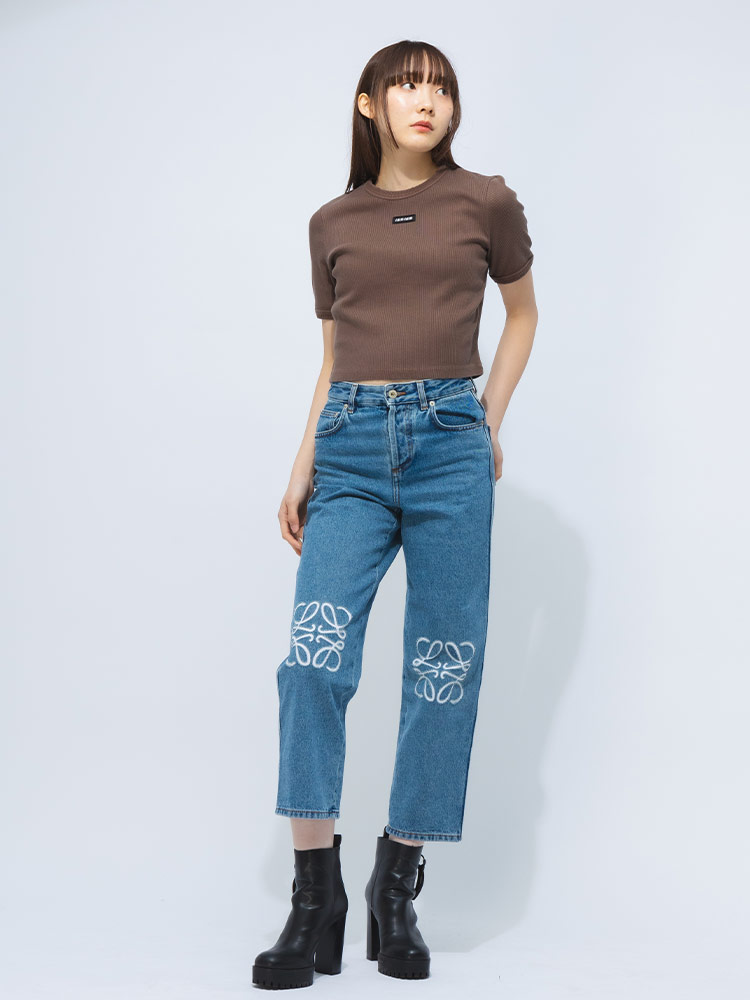 MIU MIU (ミュウミュウ) リブコットン ロゴパッチ クロップドTシャツ