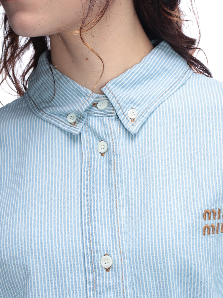 MIU MIU (ミュウミュウ) ロゴ刺繍 ストライプ 長袖 クロップドシャツ