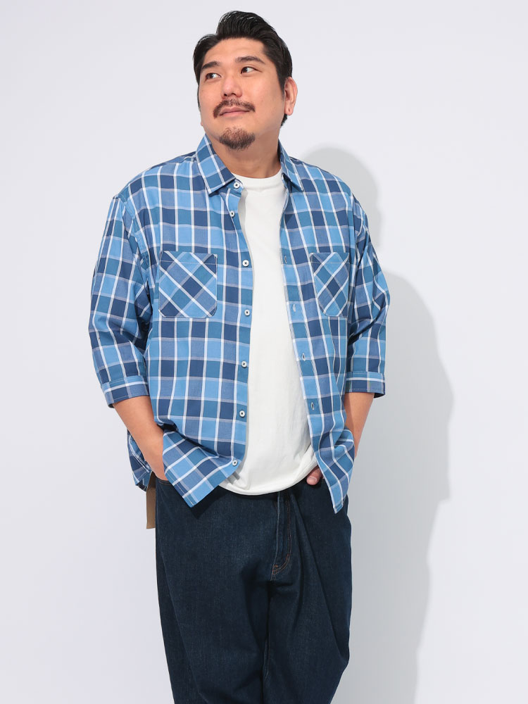 7分袖 シャツ チェック＆無地 ポケット トップス 春 夏 大きいサイズ