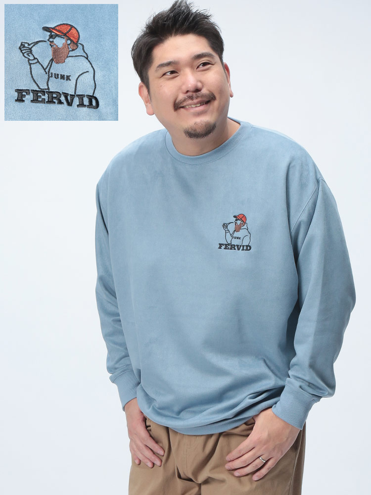 長袖 トレーナー ポンチスウェード 髭刺繍 クルーネックトップス プル