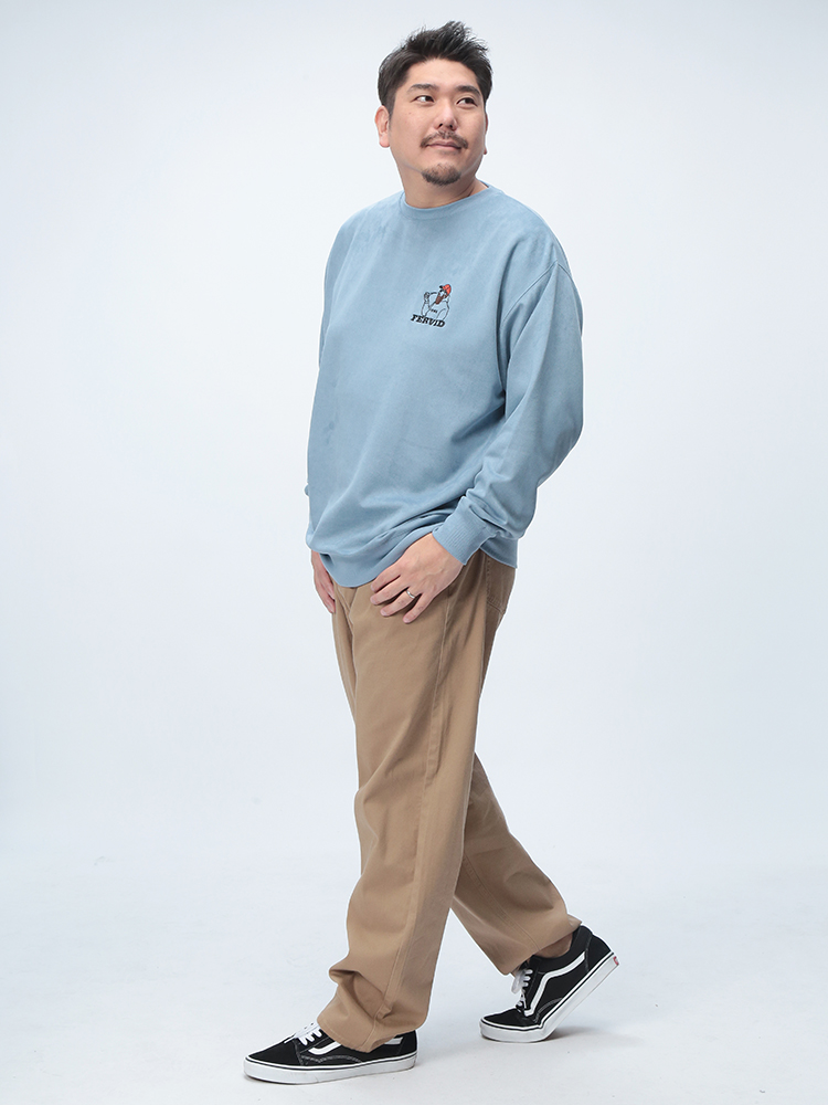 長袖 トレーナー ポンチスウェード 髭刺繍 クルーネックトップス プル