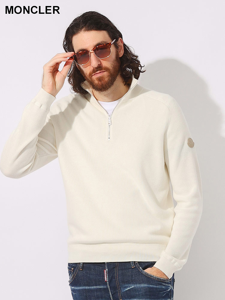 MONCLER (モンクレール) カシミヤ混 レザーパッチ ハーフジップ ニット