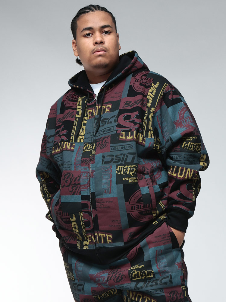 スウェットパーカー 総柄 プリント 裏起毛 フルジップ トップス ジップ