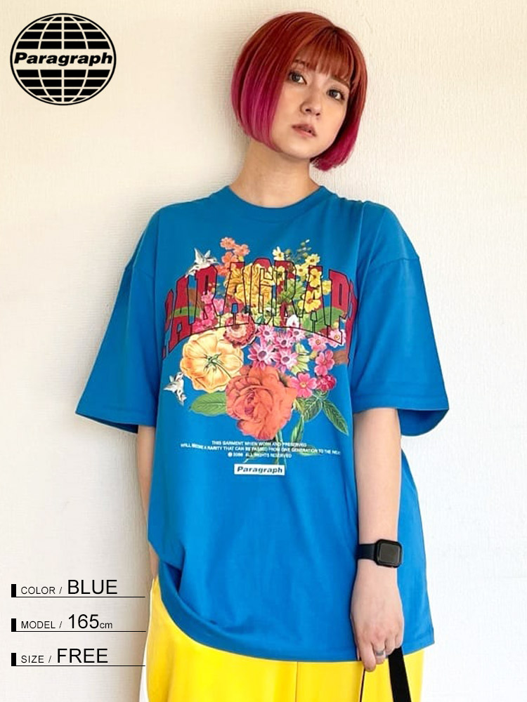 Paragraph (パラグラフ) 花柄プリント クルーネック 半袖 Tシャツ