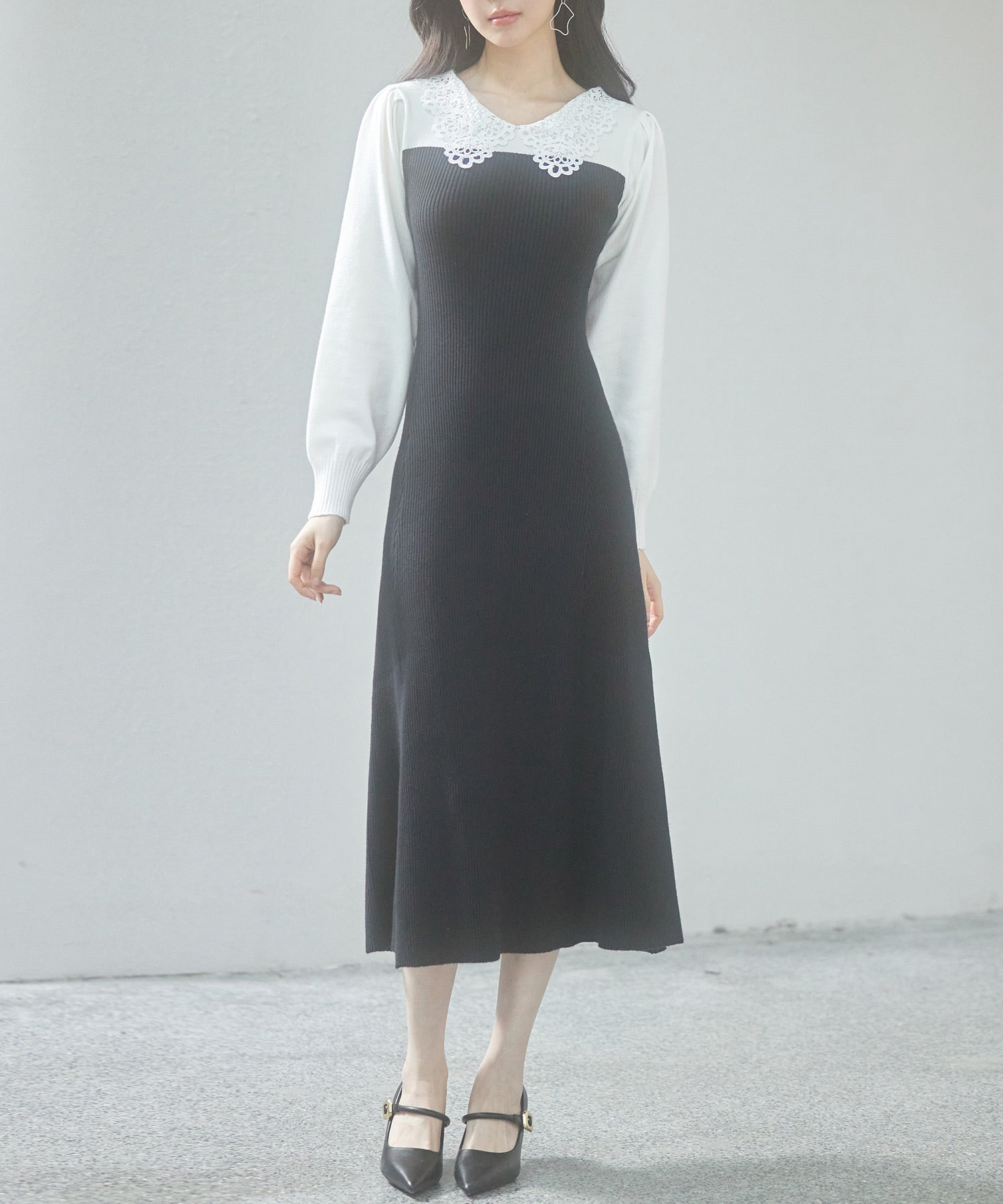 レース襟バイカラーニットワンピースsdp8017 ブラック – [公式]SAISON