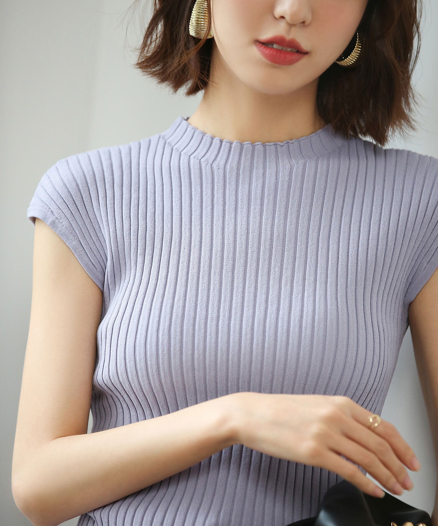 フレンチスリーブリブ切替サマーニットトップスxyf9299 パープル