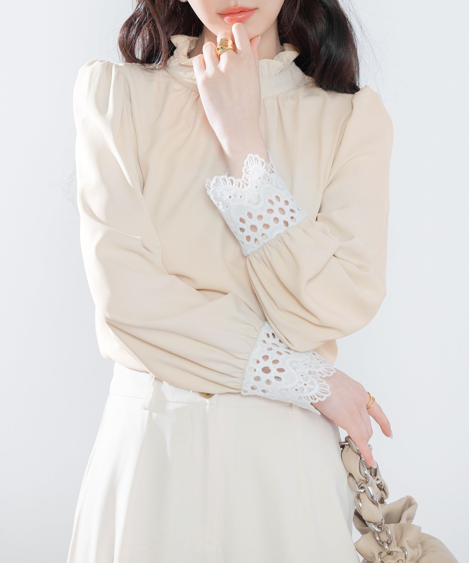 フリルスタンドカラーレース袖口ブラウスsdp0105 ベージュ – [公式