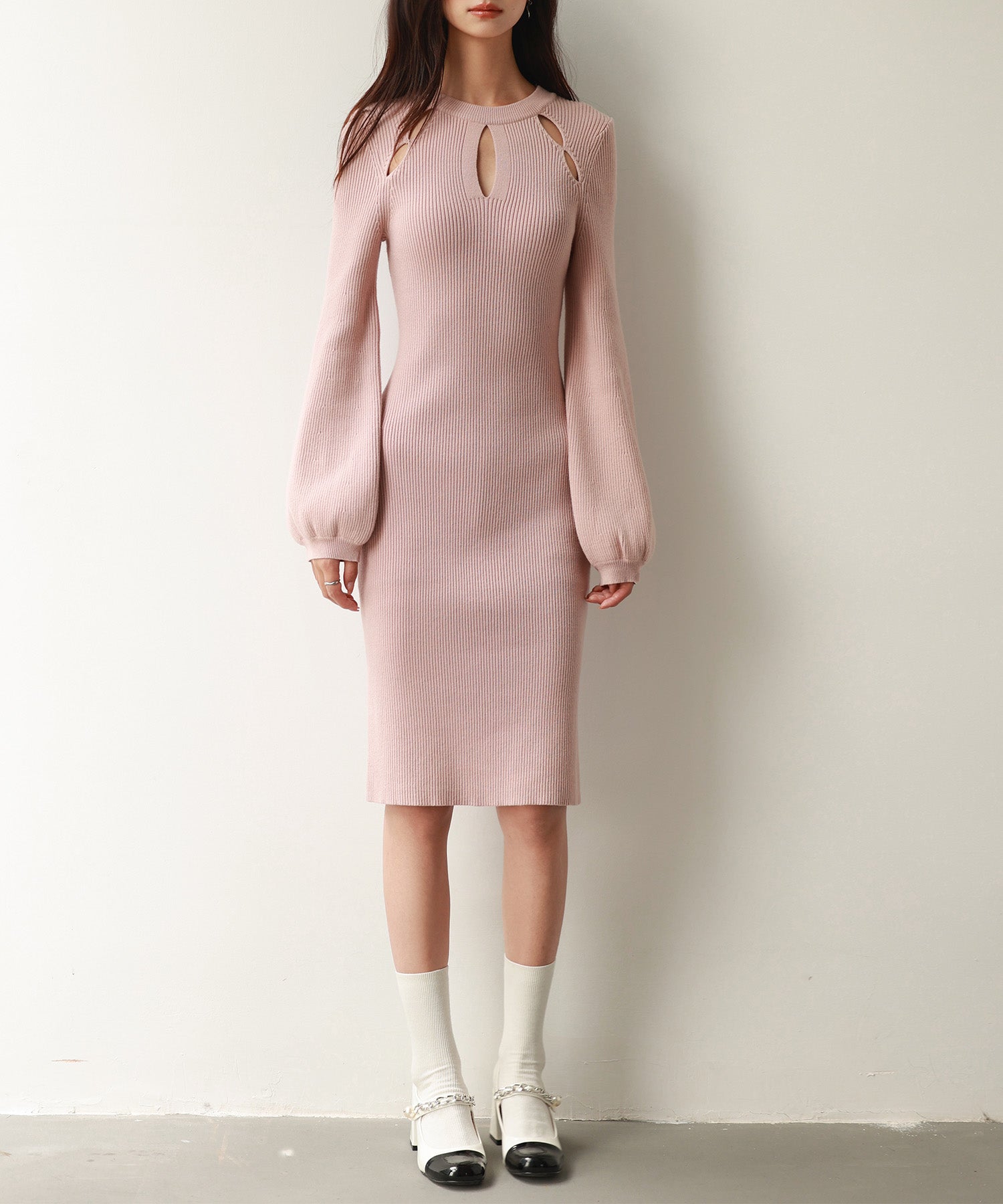 カットワーク膝丈リブ編みニットワンピースsdpxyf6506 ピンク – [公式