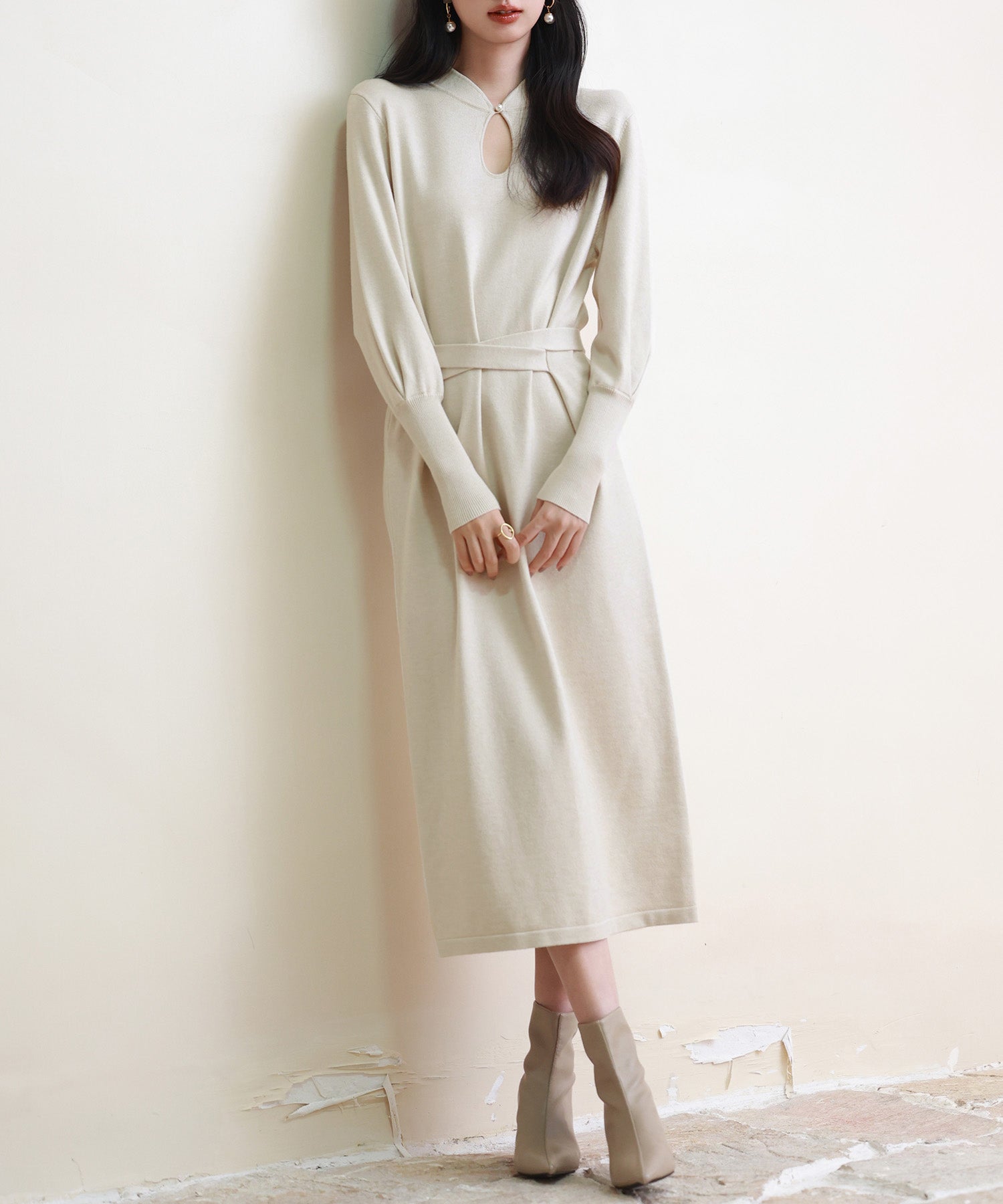 ハイゲージ編み長袖ニットワンピースsdpxyf6560 ベージュ – [公式