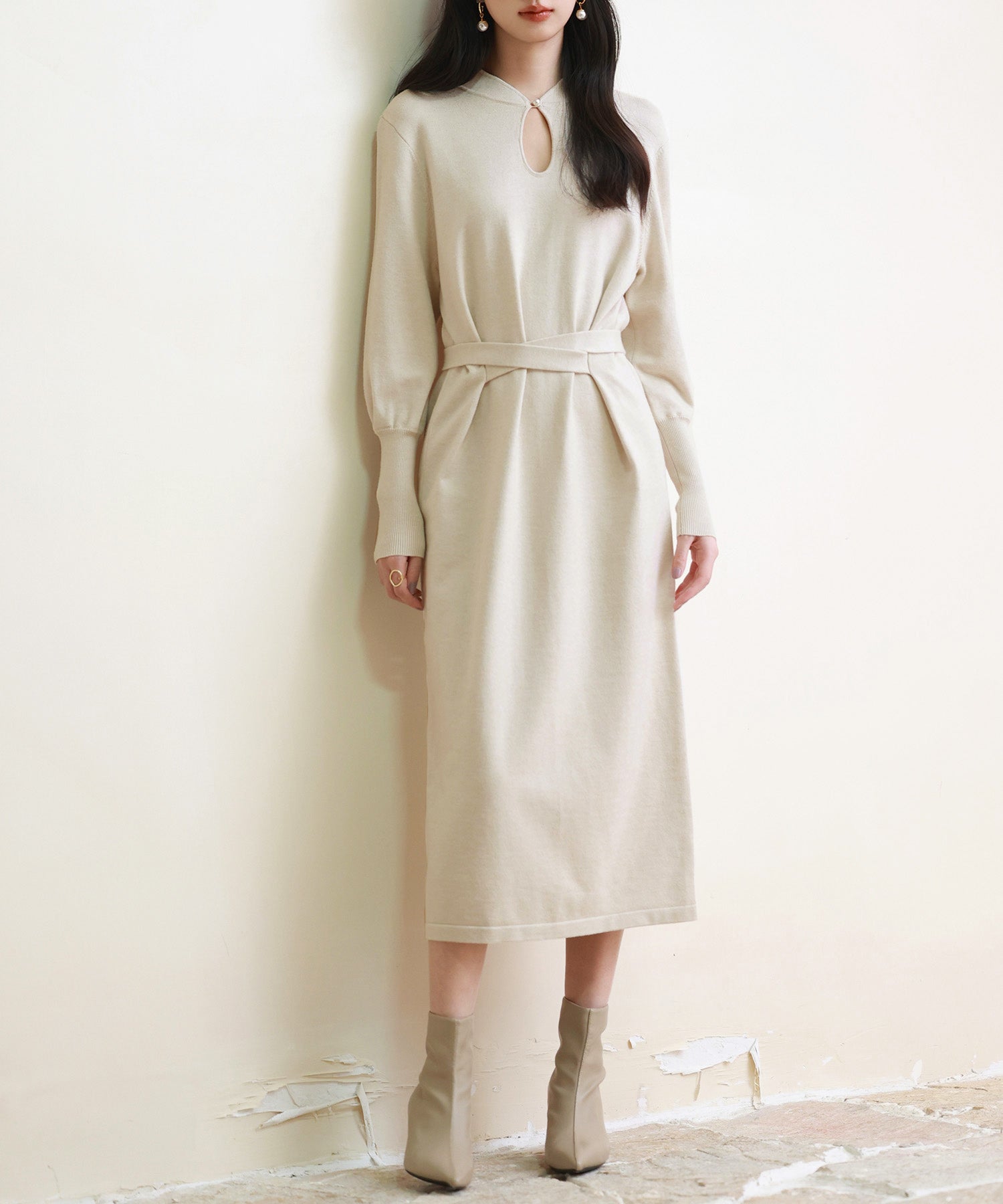 ハイゲージ編み長袖ニットワンピースsdpxyf6560 ベージュ – [公式