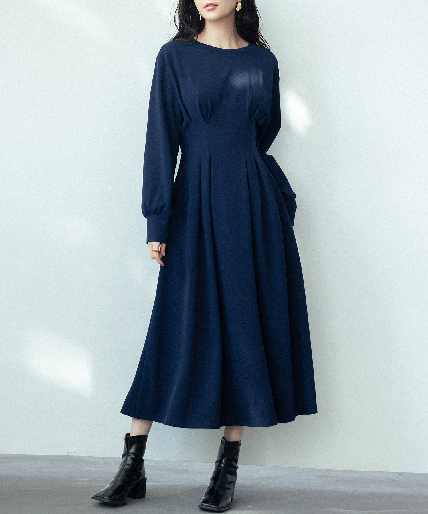 タックデザインミモレ丈カットソーワンピースsdp0087b ネイビー