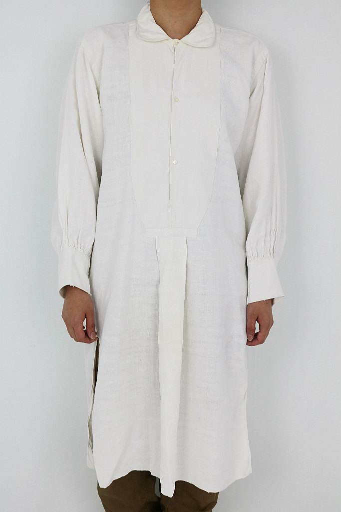 フランス】アンティークリネン スモックロングシャツ（白色）