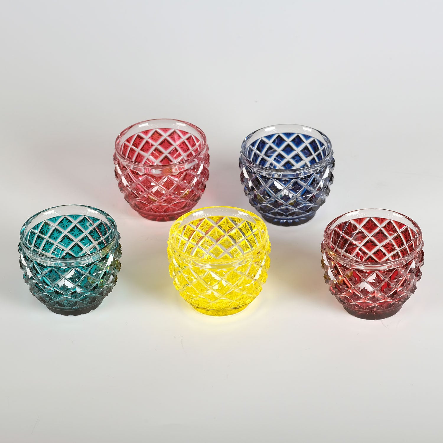 島津薩摩切子】猪口(大) cut34 【紅×緑×金赤×藍×黄】5点セット