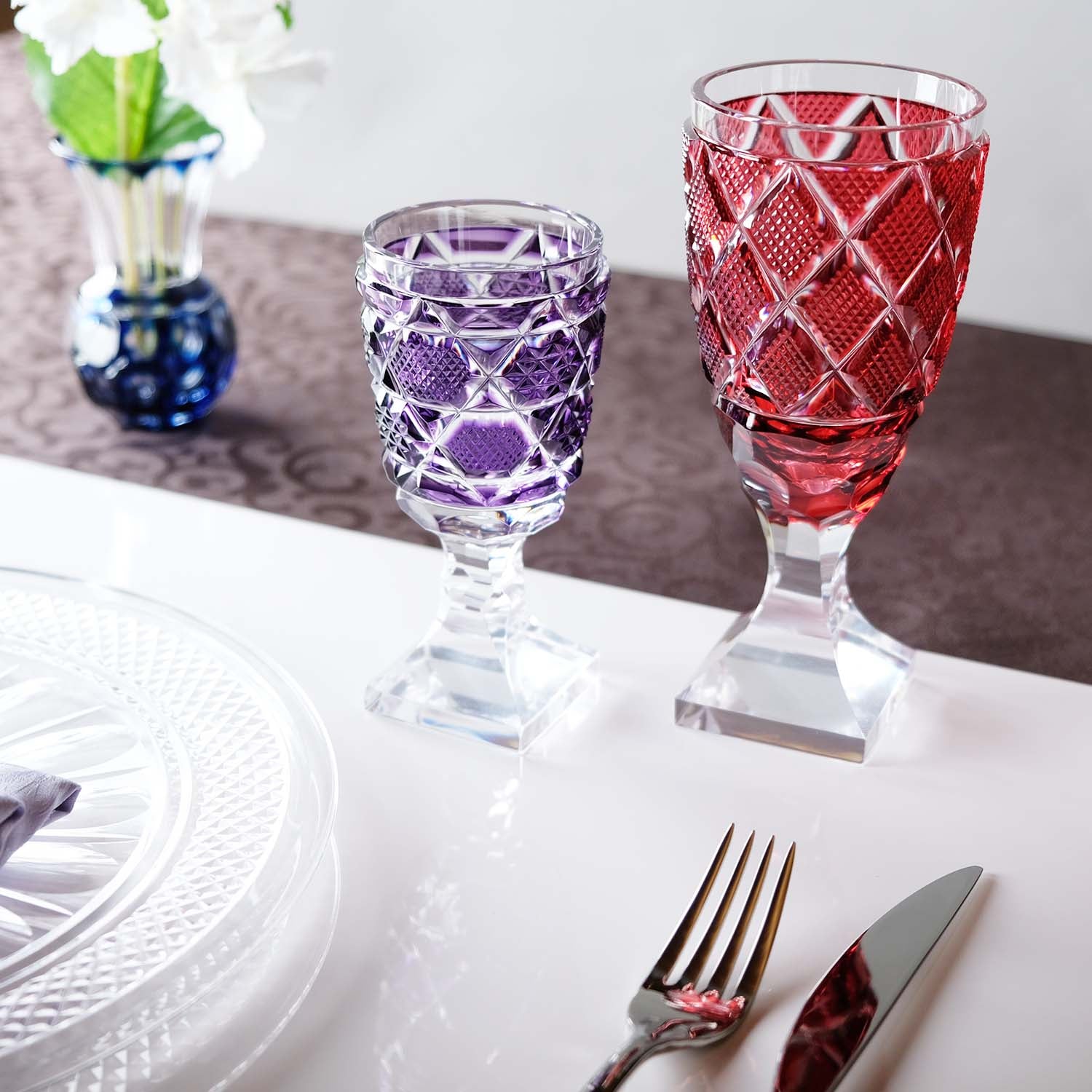 島津薩摩切子】復元 脚付杯(中) cut65 – ㈱島津興業 島津薩摩切子