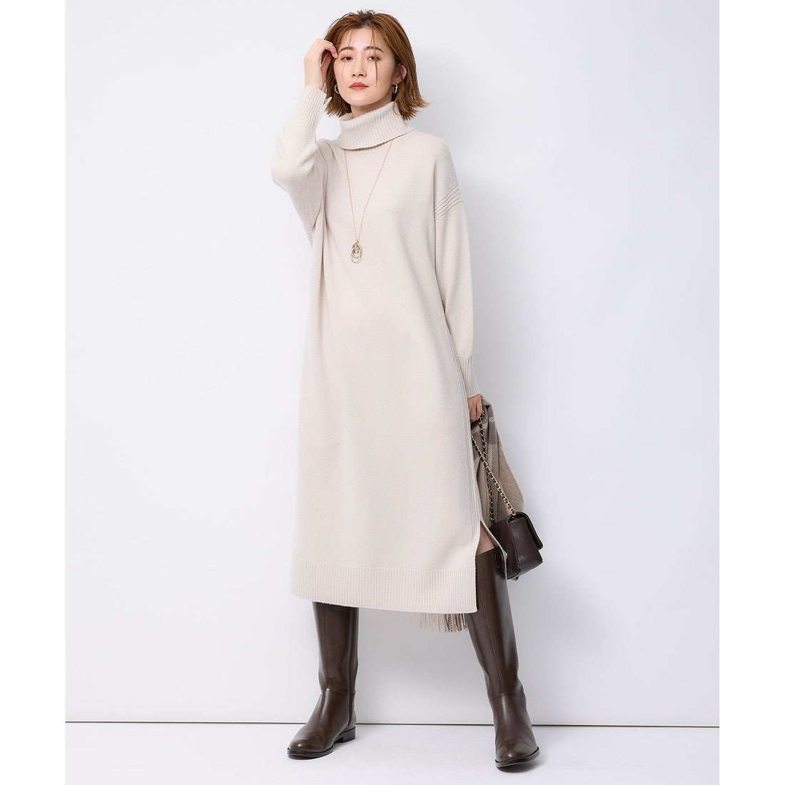 23区 【洗える】ウールカシミヤ タートルネック ニットワンピース