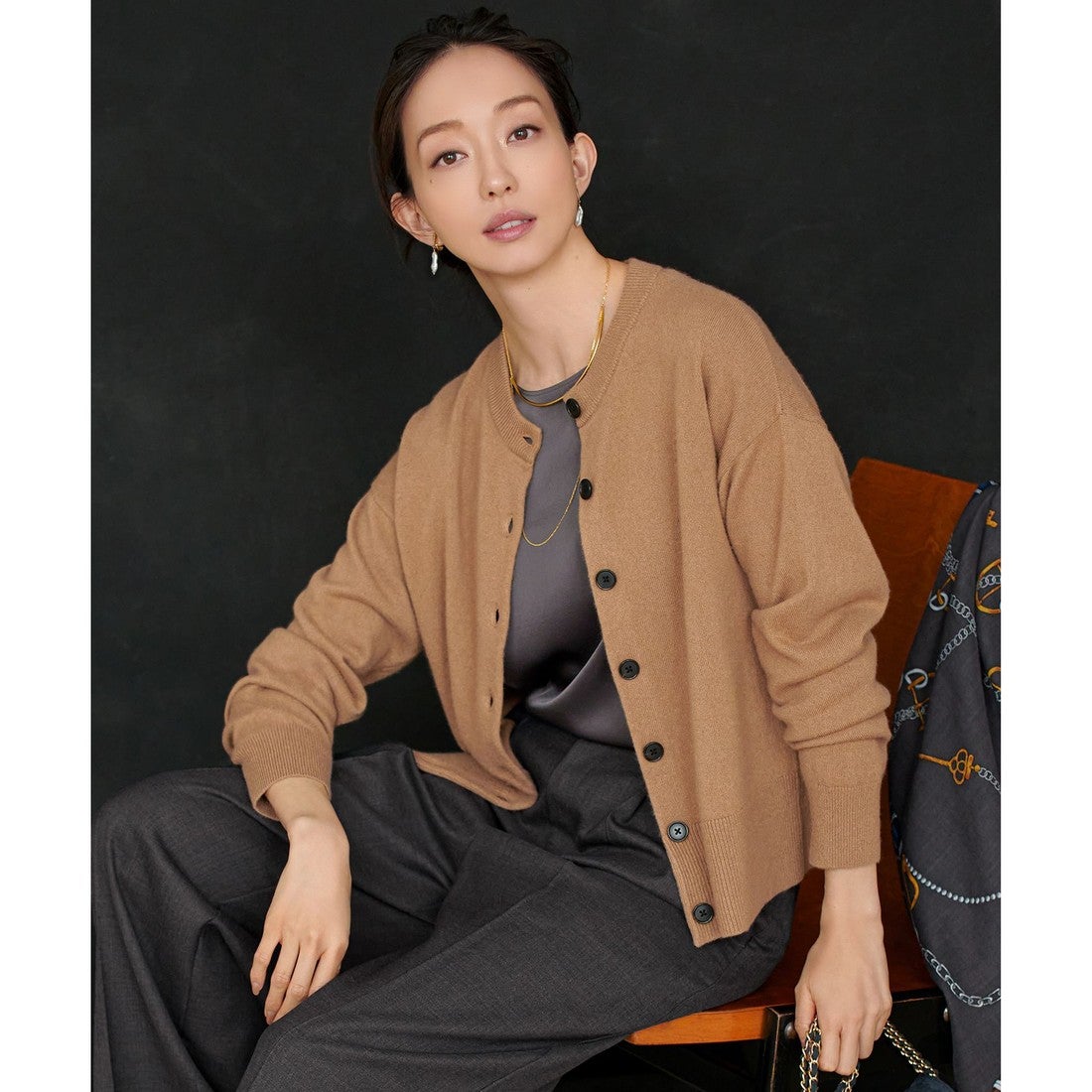 23区 【洗える】ピュアカシミヤ クルーネック カーディガン （キャメル